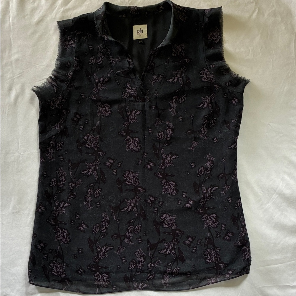CAbi Black Sleeveless V-Neck Top with Purple Floral Motif